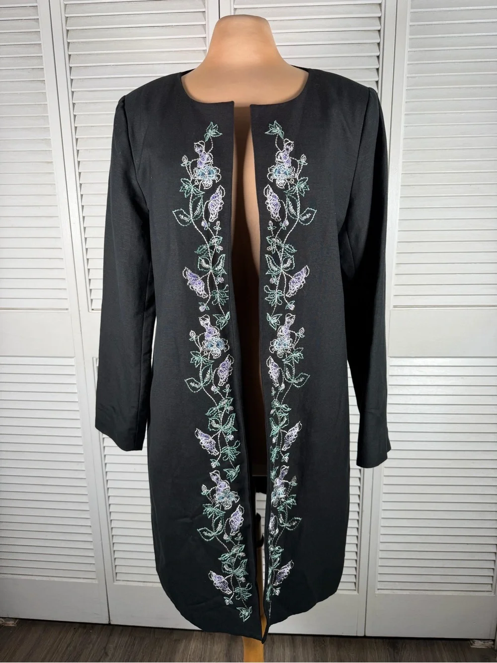David N Black Linen Blend Embroidered Duster Jacket Size 12 Floral Open Front